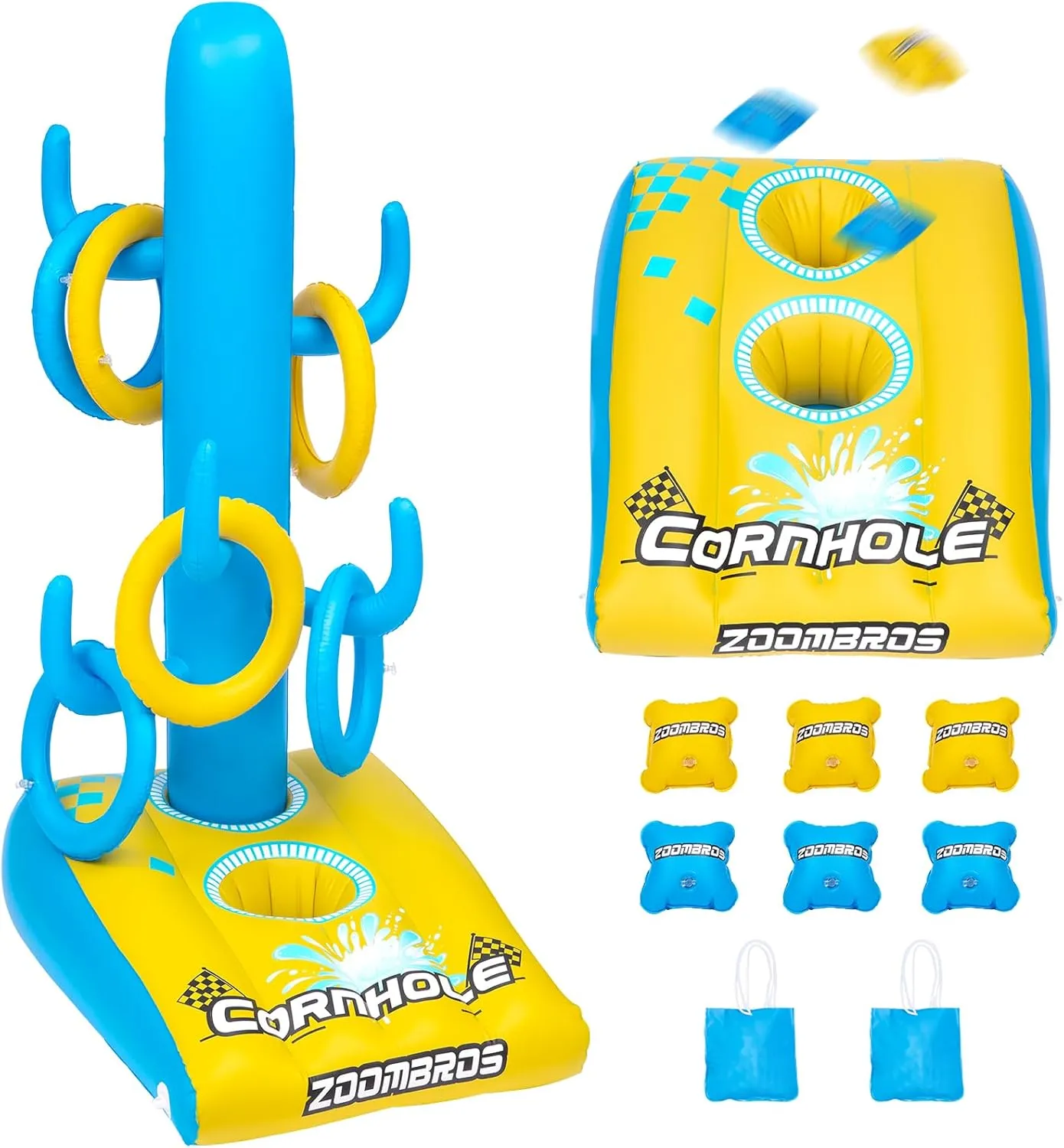 2in1 Cornhole, 6 Bean Bags & Ring Toss with Anchor Bags, Inflatable Cornhole Pool Game Floating, Pool Toys for Adults Teens and Family