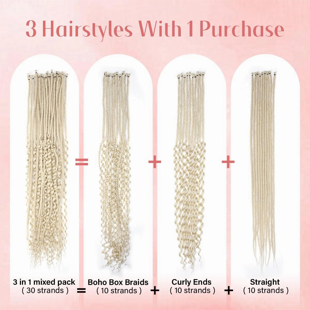 30 Inch 30 Strands SE Dreadlock Extensions,3 In 1 Mixed Synthetic Dreads Extensions,613 Blonde Curly&Straight&Boho Single Ended Dreads Extensions Hippie Style Dreadlock for Women…