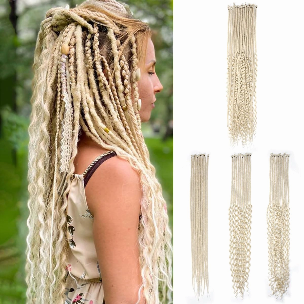 30 Inch 30 Strands SE Dreadlock Extensions,3 In 1 Mixed Synthetic Dreads Extensions,613 Blonde Curly&Straight&Boho Single Ended Dreads Extensions Hippie Style Dreadlock for Women…