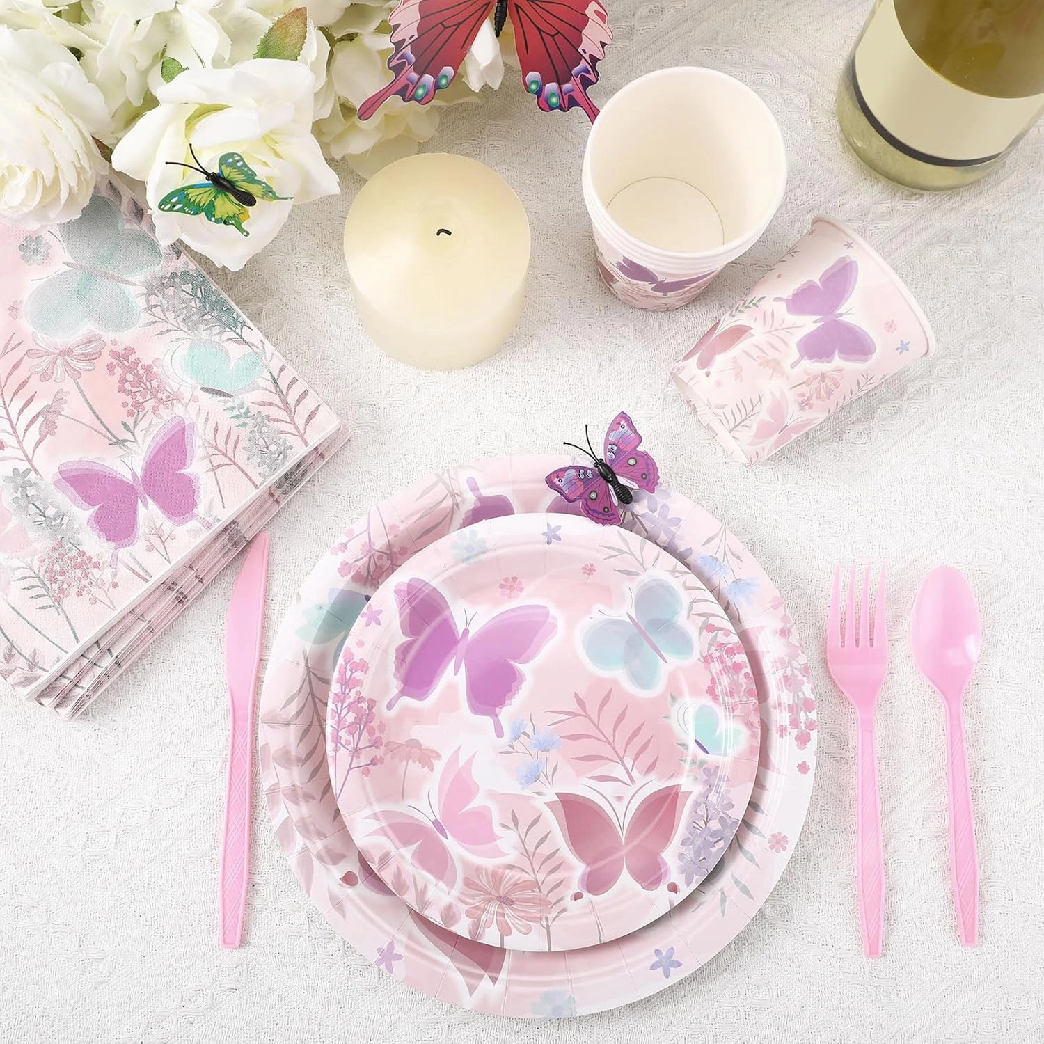 350 Pcs Butterfly Party Supplies Tableware Set Disposable 9'' 7'' Paper Plates 9 oz Cups Cutlery Napkins Dinnerware Set for 1st Birthday, Serve 50 (Butterfly, Purple, Pink)