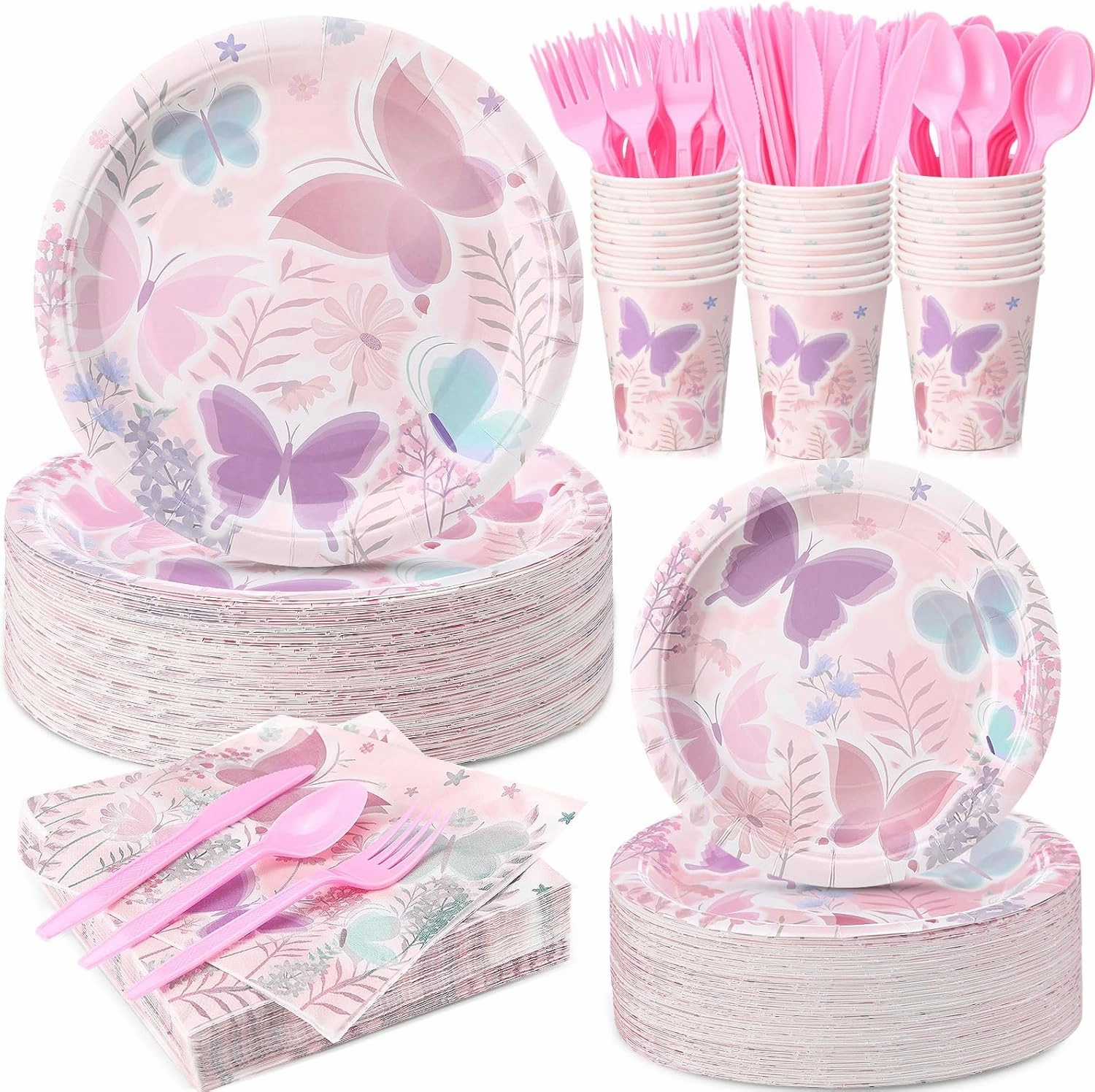 350 Pcs Butterfly Party Supplies Tableware Set Disposable 9'' 7'' Paper Plates 9 oz Cups Cutlery Napkins Dinnerware Set for 1st Birthday, Serve 50 (Butterfly, Purple, Pink)