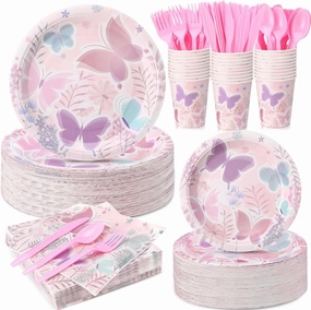 350 Pcs Butterfly Party Supplies Tableware Set Disposable 9'' 7'' Paper Plates 9 oz Cups Cutlery Napkins Dinnerware Set for 1st Birthday, Serve 50 (Butterfly, Purple, Pink)