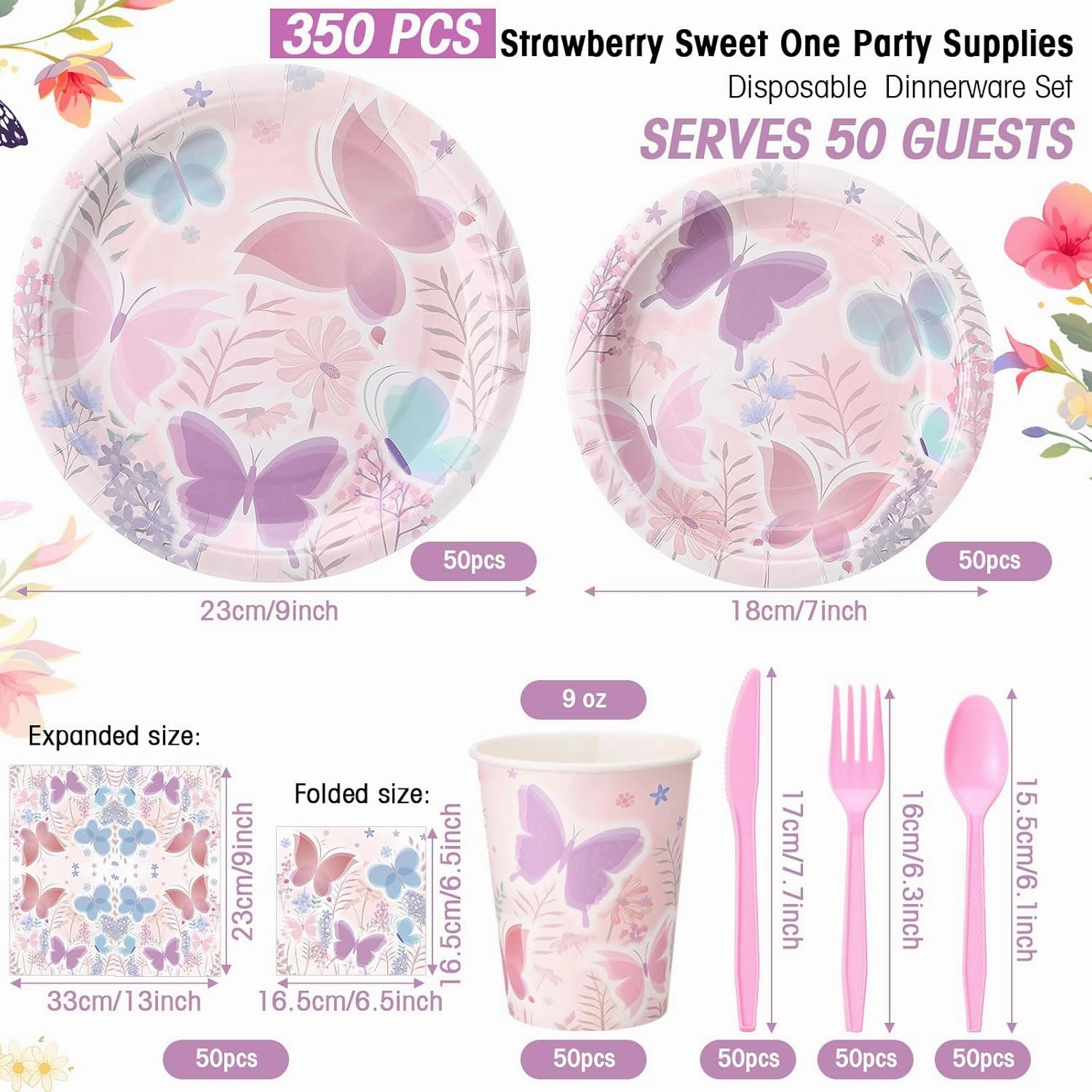 350 Pcs Butterfly Party Supplies Tableware Set Disposable 9'' 7'' Paper Plates 9 oz Cups Cutlery Napkins Dinnerware Set for 1st Birthday, Serve 50 (Butterfly, Purple, Pink)