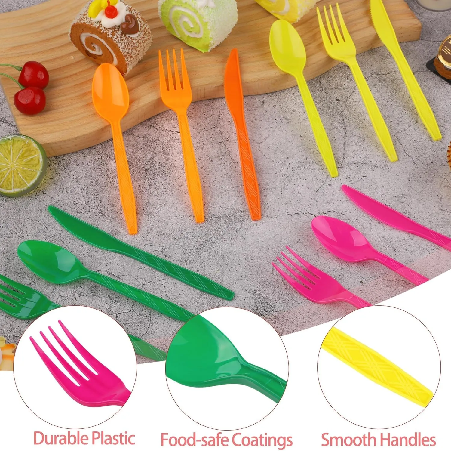 360 Pieces Neon Party Plastic Cutlery Set Disposable Colorful Plastic Utensils Heavy Duty Flatware Set Includes 120 Knives 120 Forks 120 Spoons for Party Birthday Wedding