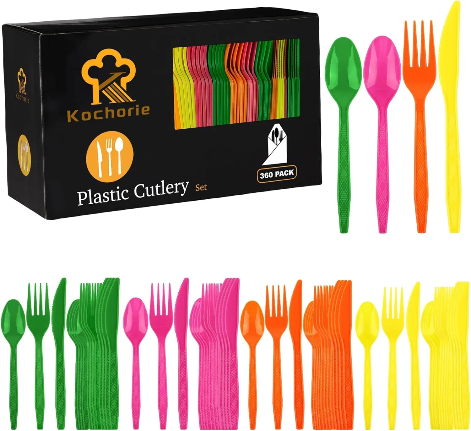 360 Pieces Neon Party Plastic Cutlery Set Disposable Colorful Plastic Utensils Heavy Duty Flatware Set Includes 120 Knives 120 Forks 120 Spoons for Party Birthday Wedding