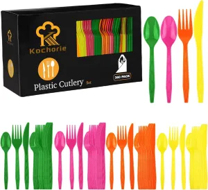 360 Pieces Neon Party Plastic Cutlery Set Disposable Colorful Plastic Utensils Heavy Duty Flatware Set Includes 120 Knives 120 Forks 120 Spoons for Party Birthday Wedding