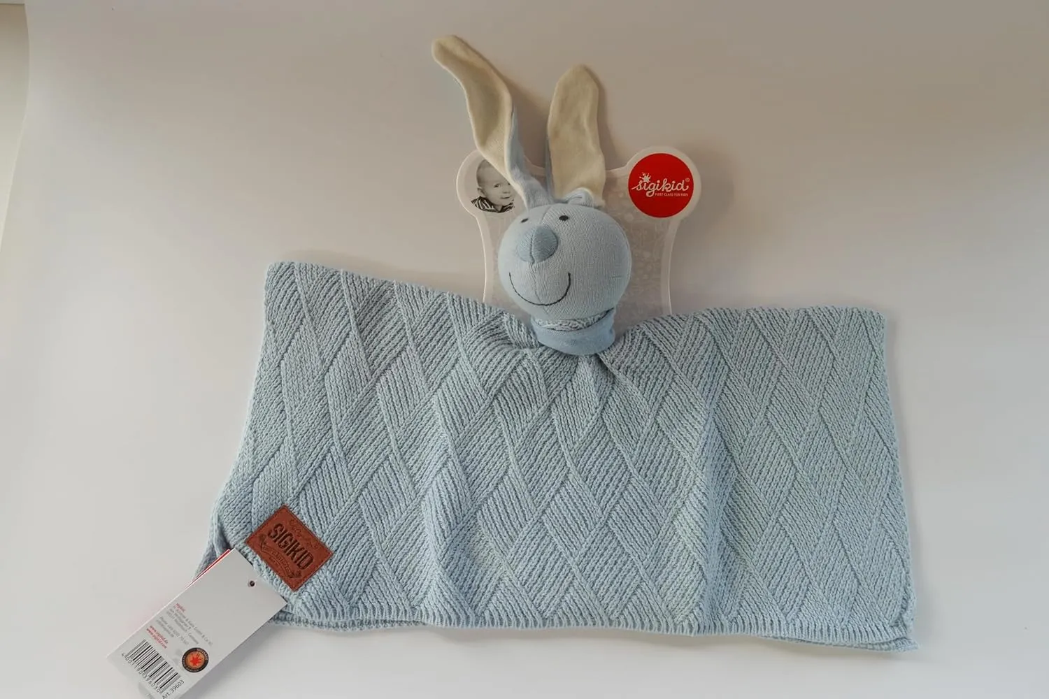 39603 - Cotton Knit Comforter - Rabbit Design - Soft Cotton Knit Comforter - Sleeping Aid and Comforter for Babies and Children from 0 to 36 Months - Light Blue - 40 x 40 x 7 cm