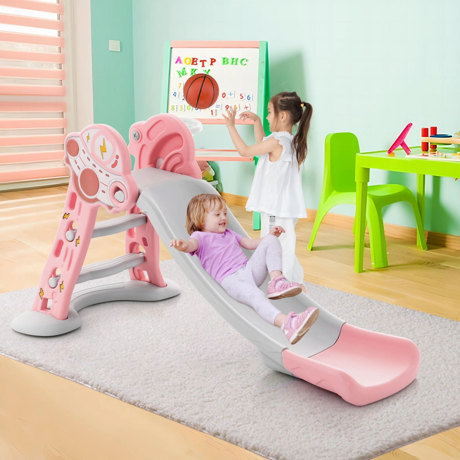 3 in 1 Indoor Slide with Basketball Hoop & Small Basketball for Kids