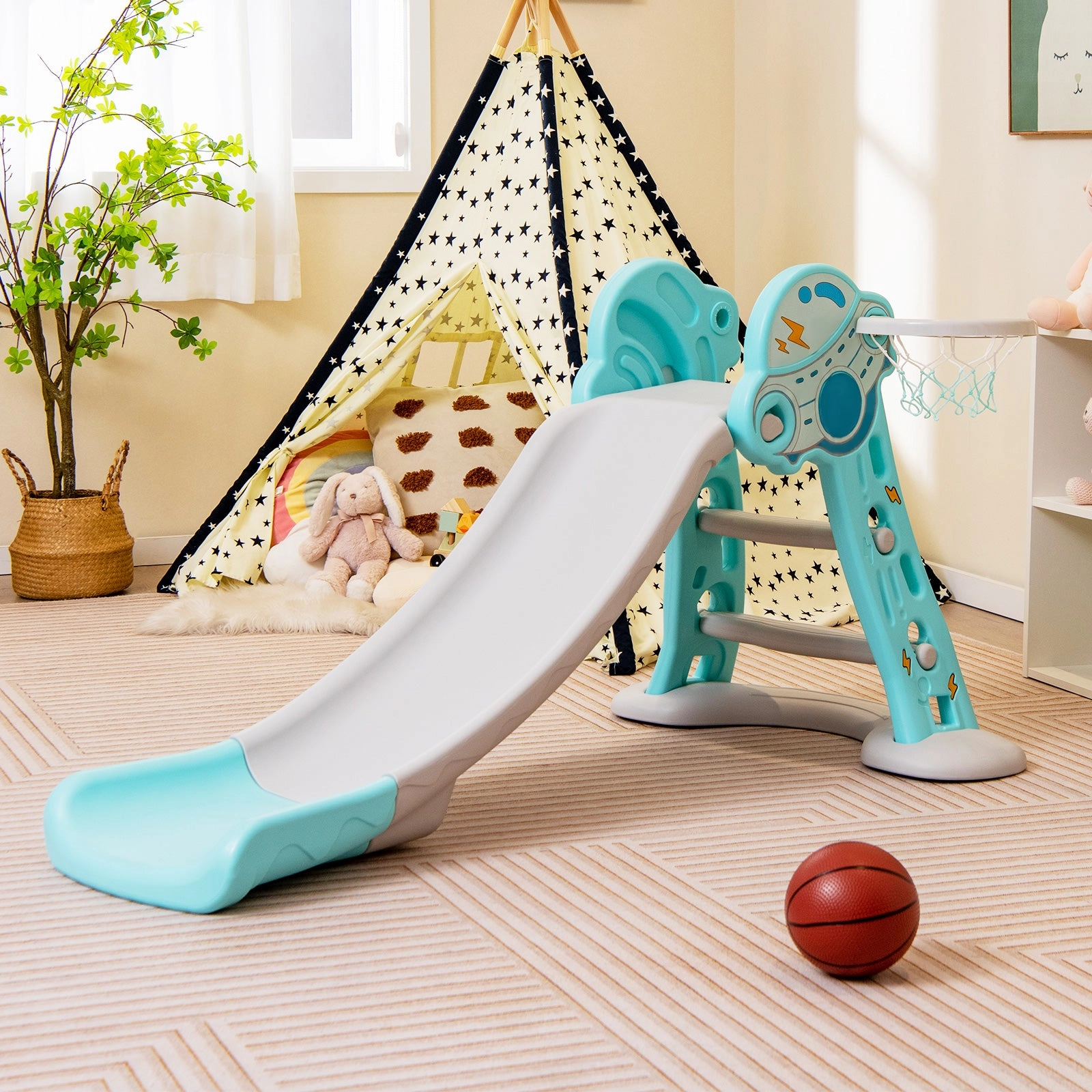 3 in 1 Indoor Slide with Basketball Hoop & Small Basketball for Kids
