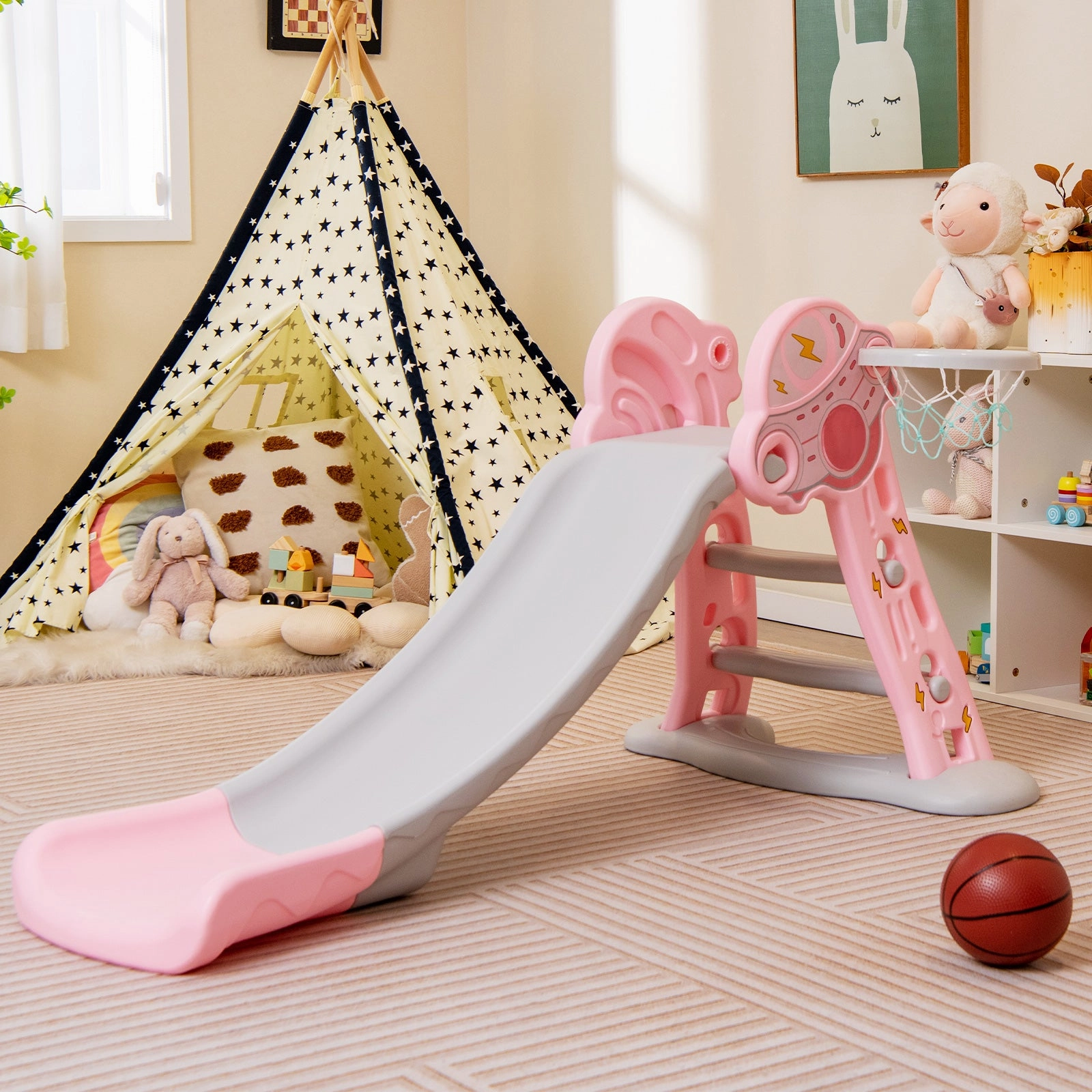 3 in 1 Indoor Slide with Basketball Hoop & Small Basketball for Kids