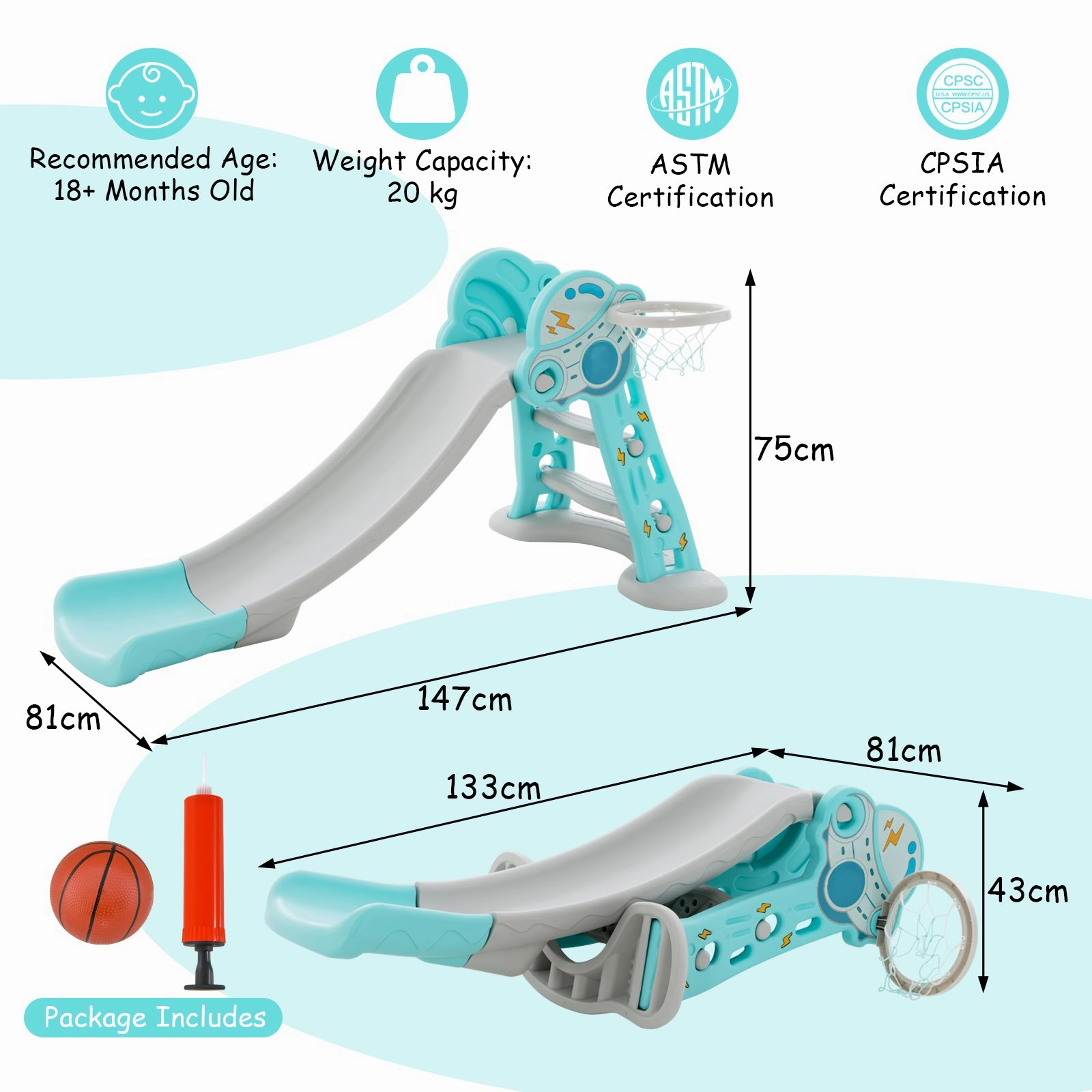 3 in 1 Indoor Slide with Basketball Hoop & Small Basketball for Kids