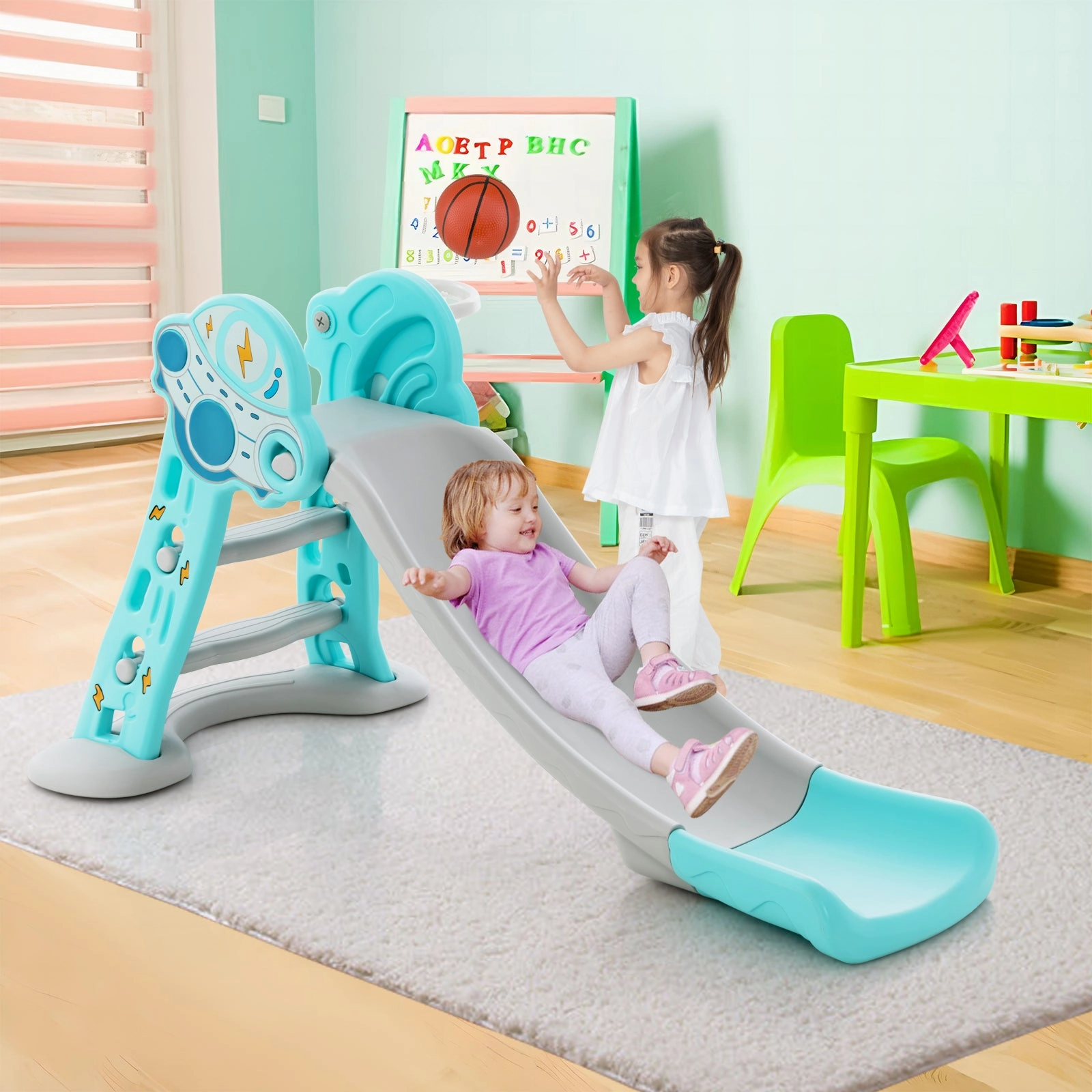 3 in 1 Indoor Slide with Basketball Hoop & Small Basketball for Kids