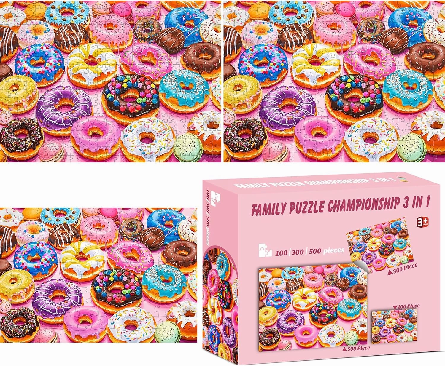 3 Pack 100 300 500 Piece Puzzles for Adults Kids Seniors,Jigsaw Puzzles 300 Pieces 500 Pieces Puzzle for Adults Doughnut Challenging Puzzles Game Family Activity Gift Toy
