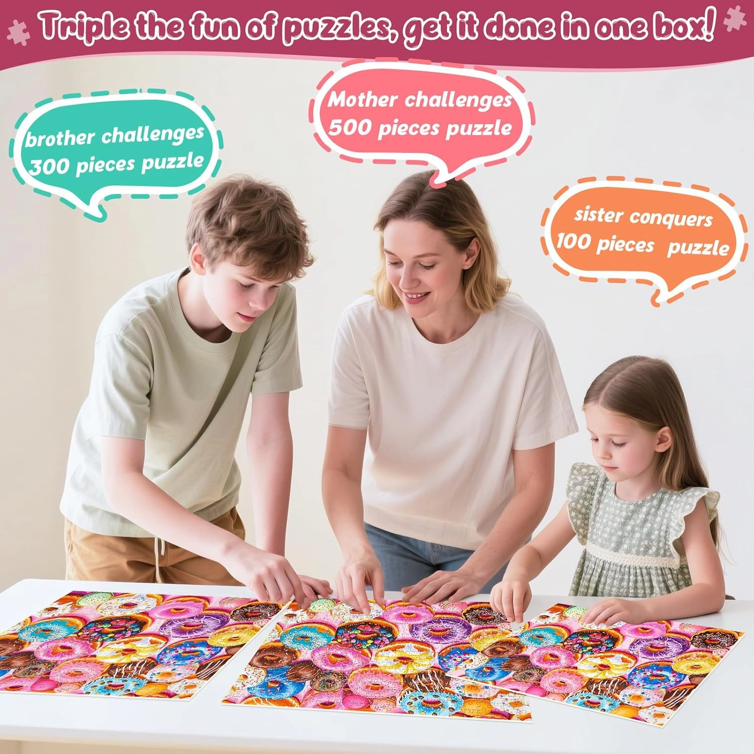 3 Pack 100 300 500 Piece Puzzles for Adults Kids Seniors,Jigsaw Puzzles 300 Pieces 500 Pieces Puzzle for Adults Doughnut Challenging Puzzles Game Family Activity Gift Toy