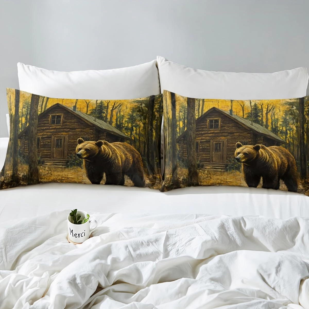 3D Brown Bear Fitted Sheet Queen Size,Jungle Cabin Wooden Farmhouse Bedding Set for Kids Teens Adults,Wild Animals Oil Painting Style Trees Bed Cover with 2 Pillowcases(No Top Sheet)