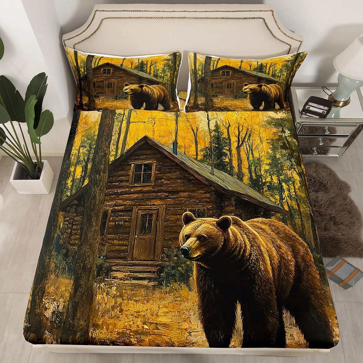 3D Brown Bear Fitted Sheet Queen Size,Jungle Cabin Wooden Farmhouse Bedding Set for Kids Teens Adults,Wild Animals Oil Painting Style Trees Bed Cover with 2 Pillowcases(No Top Sheet)