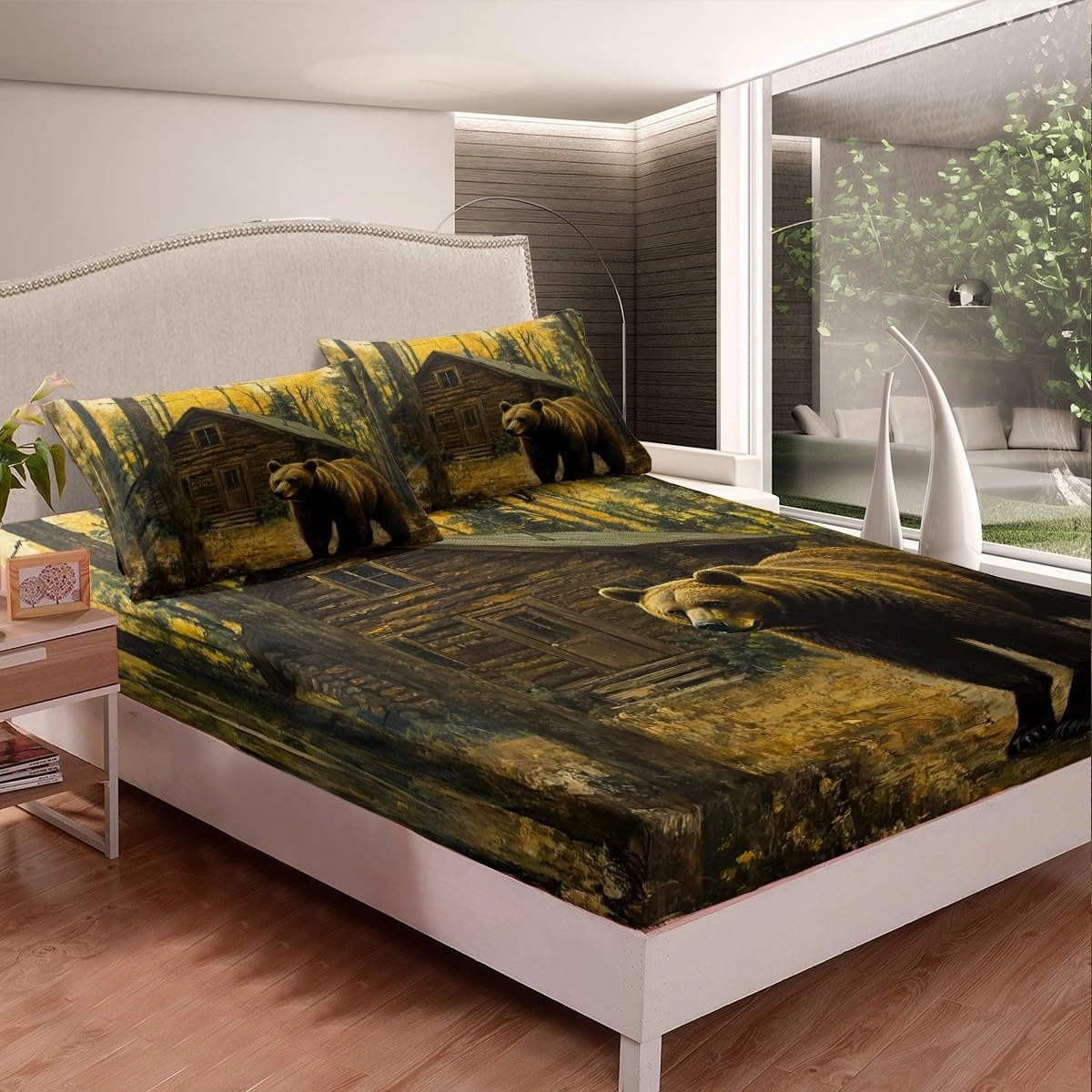 3D Brown Bear Fitted Sheet Queen Size,Jungle Cabin Wooden Farmhouse Bedding Set for Kids Teens Adults,Wild Animals Oil Painting Style Trees Bed Cover with 2 Pillowcases(No Top Sheet)
