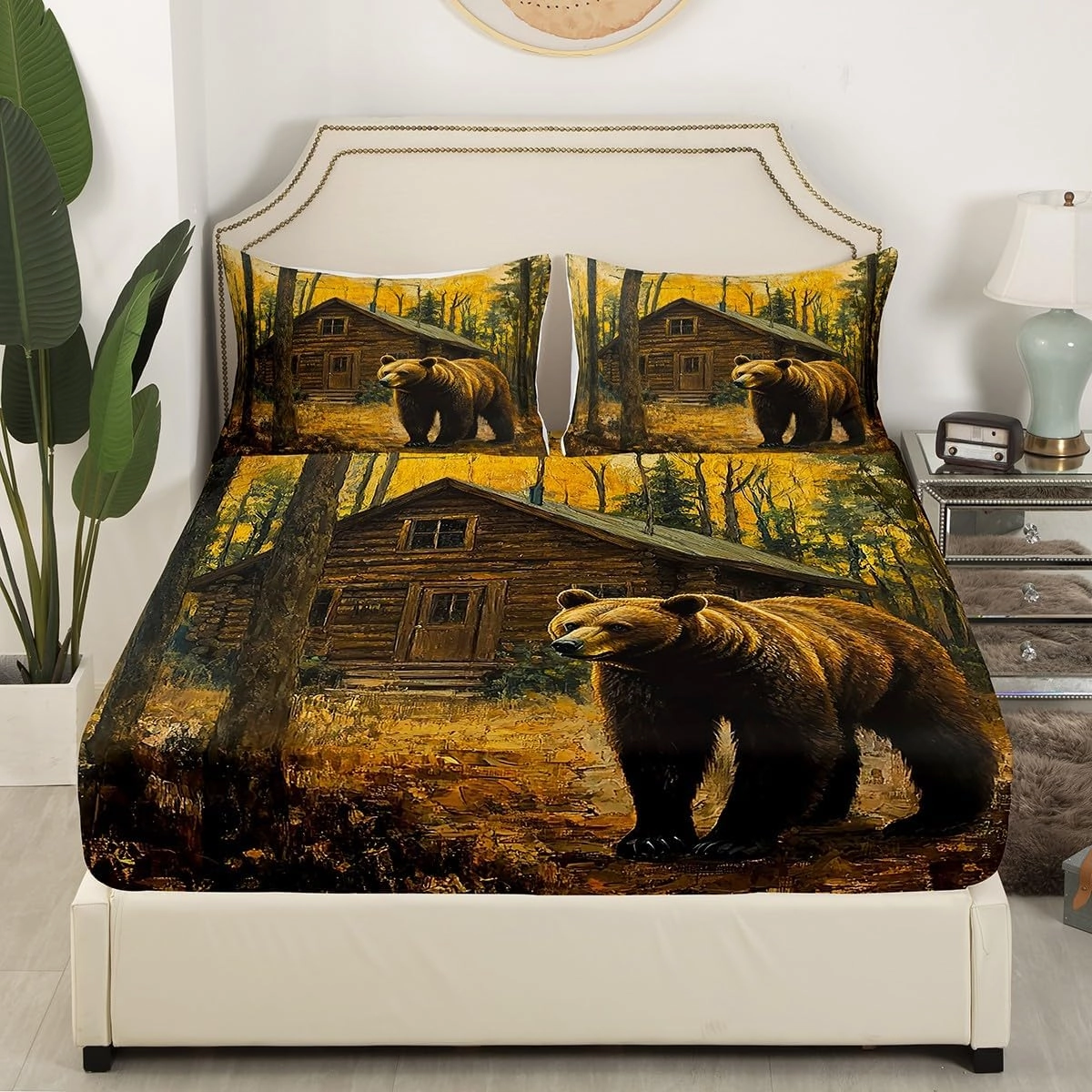 3D Brown Bear Fitted Sheet Queen Size,Jungle Cabin Wooden Farmhouse Bedding Set for Kids Teens Adults,Wild Animals Oil Painting Style Trees Bed Cover with 2 Pillowcases(No Top Sheet)