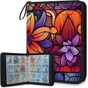 4 Pocket Card Binder, Ethnic Flowers 400 Pockets Collector Album with Zipper Trading Card Binder, Colorful Flowers Double Sided Pocket Collection Binder