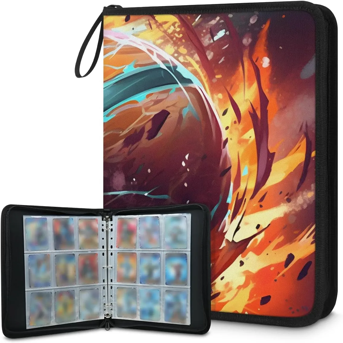 4 Pocket Card Binder, Fire Basketball 400 Pockets Collector Album with Zipper Trading Card Binder, Oil Painting Basketball Double Sided Pocket Collection Binder