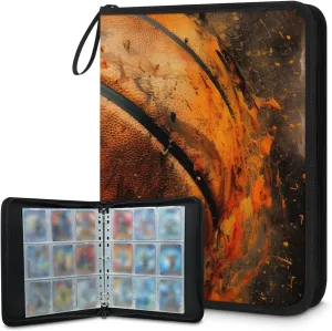 4 Pocket Card Binder, Glitter Basketball 400 Pockets Collector Album with Zipper Trading Card Binder, Oil Painting Basketball Double Sided Pocket Collection Binder