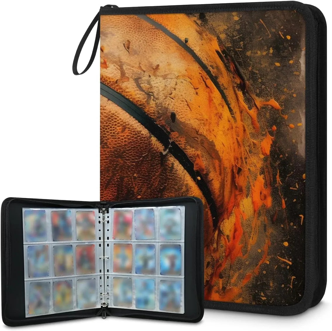 4 Pocket Card Binder, Glitter Basketball 400 Pockets Collector Album with Zipper Trading Card Binder, Oil Painting Basketball Double Sided Pocket Collection Binder