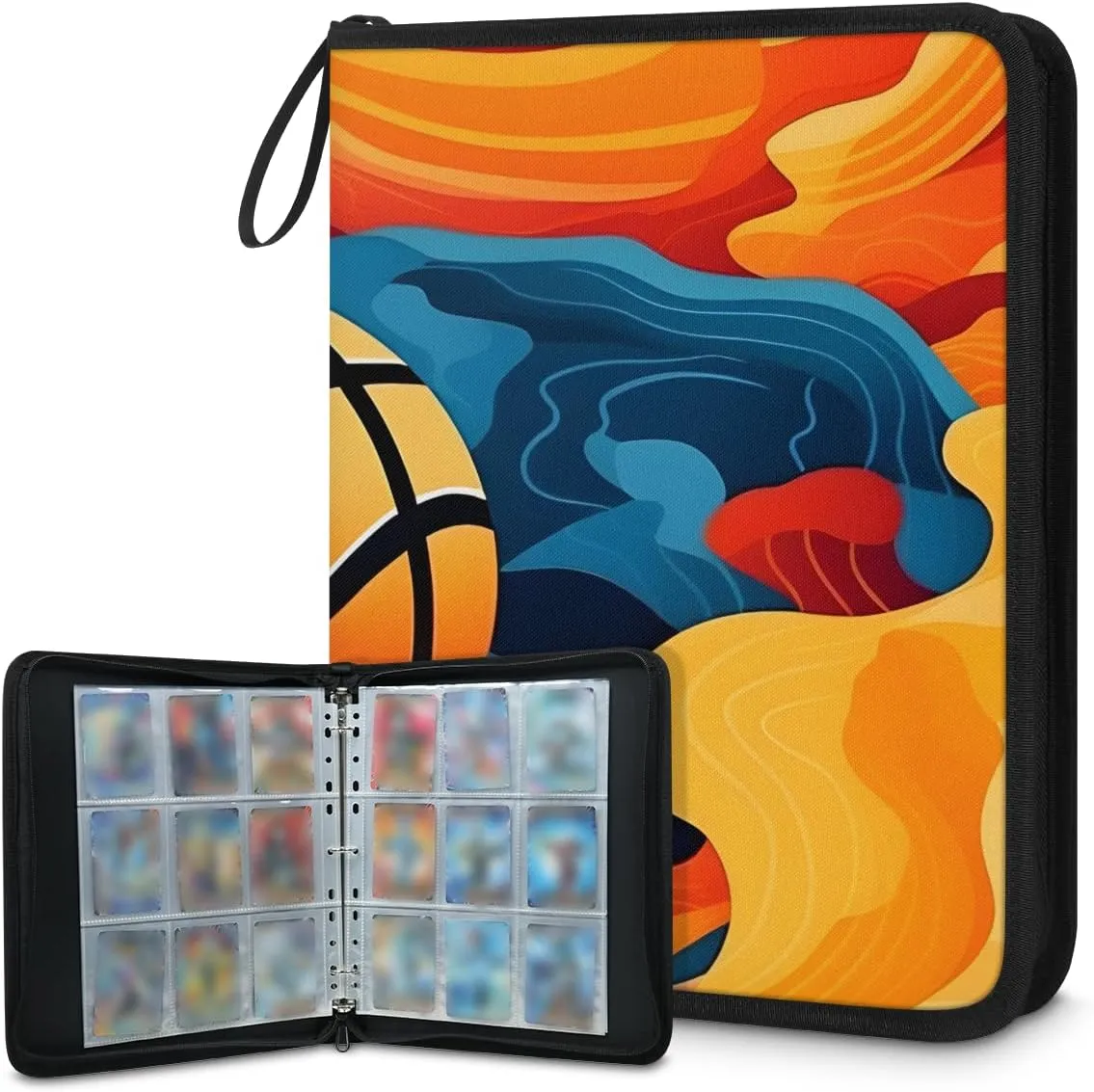 4 Pocket Card Binder, Graffiti Basketball 400 Pockets Collector Album with Zipper Trading Card Binder, Oil Painting Basketball Double Sided Pocket Collection Binder