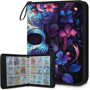4 Pocket Card Binder, Neon Skull 400 Pockets Collector Album with Zipper Trading Card Binder, Colorful Flower Double Sided Pocket Collection Binder