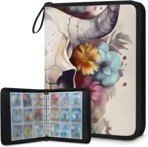 4 Pocket Card Binder, Skull 400 Pockets Collector Album with Zipper Trading Card Binder, Colorful Florals Double Sided Pocket Collection Binder