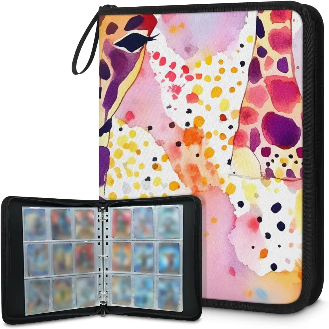 4 Pocket Card Binder, Watercolor Giraffe 400 Pockets Collector Album with Zipper Trading Card Binder, Colorful Giraffe Double Sided Pocket Collection Binder