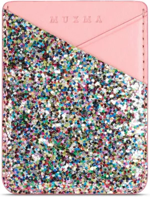 4-Seasons Arlgseln Glitter Phone Card Holder, Multi-functional ID Credit Cards Slot Adhesive Purse Sleeve stick on Wallet for iPhone 16 Pro Max/15/XS,Galaxy Note 22 Ultra/S24/A74/A55 (Colorful Pink)