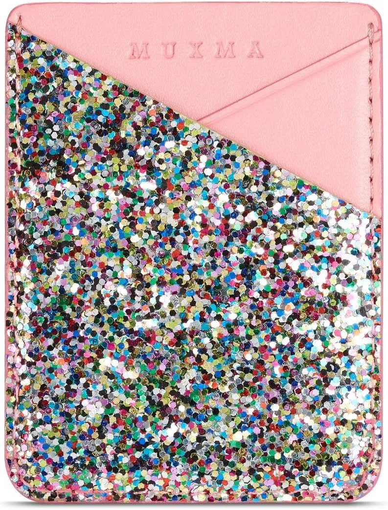 4-Seasons Arlgseln Glitter Phone Card Holder, Multi-functional ID Credit Cards Slot Adhesive Purse Sleeve stick on Wallet for iPhone 16 Pro Max/15/XS,Galaxy Note 22 Ultra/S24/A74/A55 (Colorful Pink)