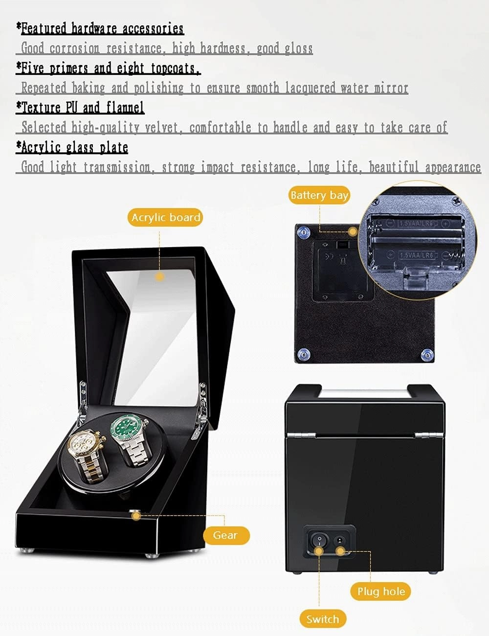 4 6 Watch Winder, PU Case, LED Light, Diagonal Winding, Vertical Winding, Quiet Sleep, 5 Mode Watch Shaker Watch Winder Display Watch Box Case Watch Storage