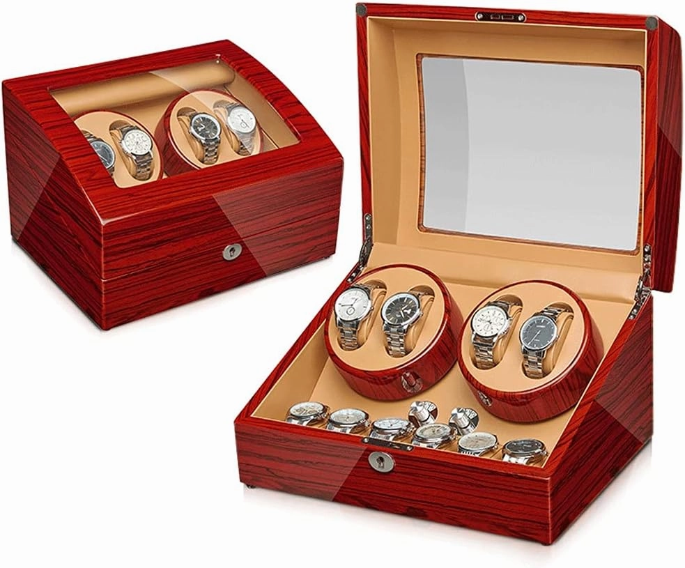 4 6 Watch Winder, PU Case, LED Light, Diagonal Winding, Vertical Winding, Quiet Sleep, 5 Mode Watch Shaker Watch Winder Display Watch Box Case Watch Storage