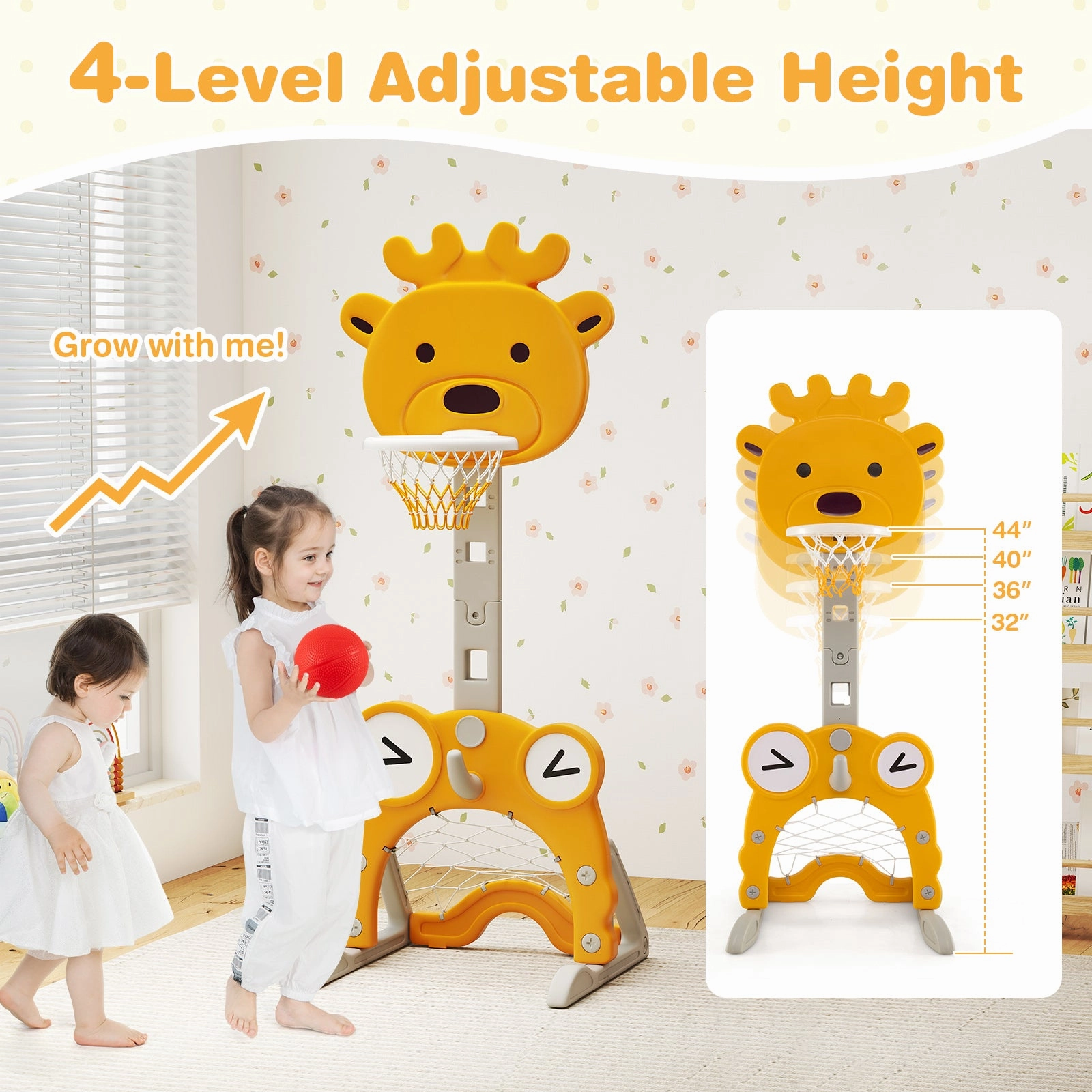 4-in-1 Toddler Height Adjustable Basketball Hoop with Ring Toss for 3  Kids