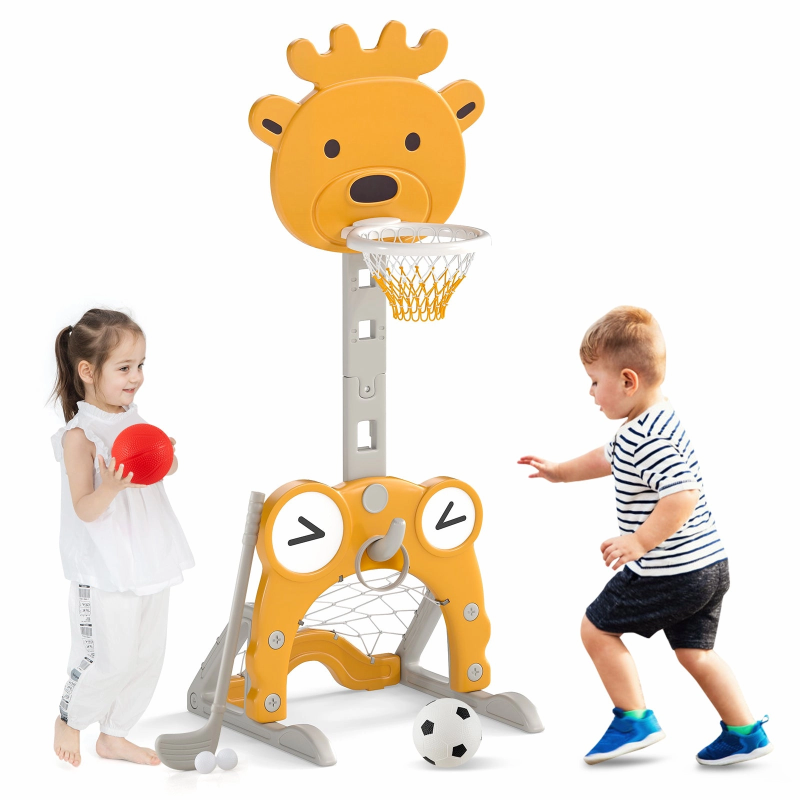 4-in-1 Toddler Height Adjustable Basketball Hoop with Ring Toss for 3  Kids