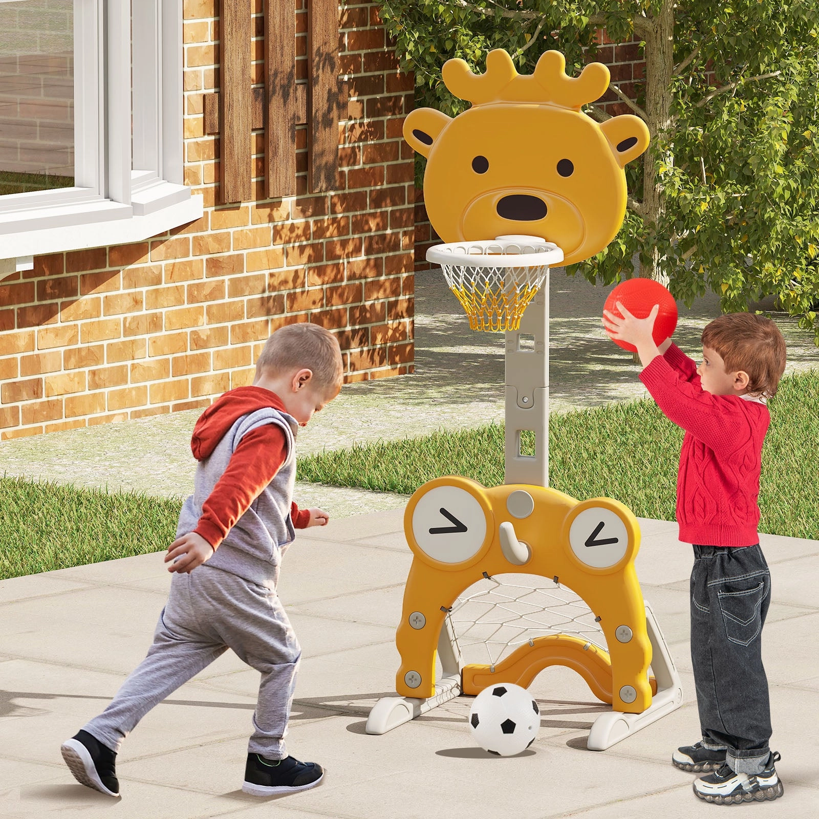 4-in-1 Toddler Height Adjustable Basketball Hoop with Ring Toss for 3  Kids