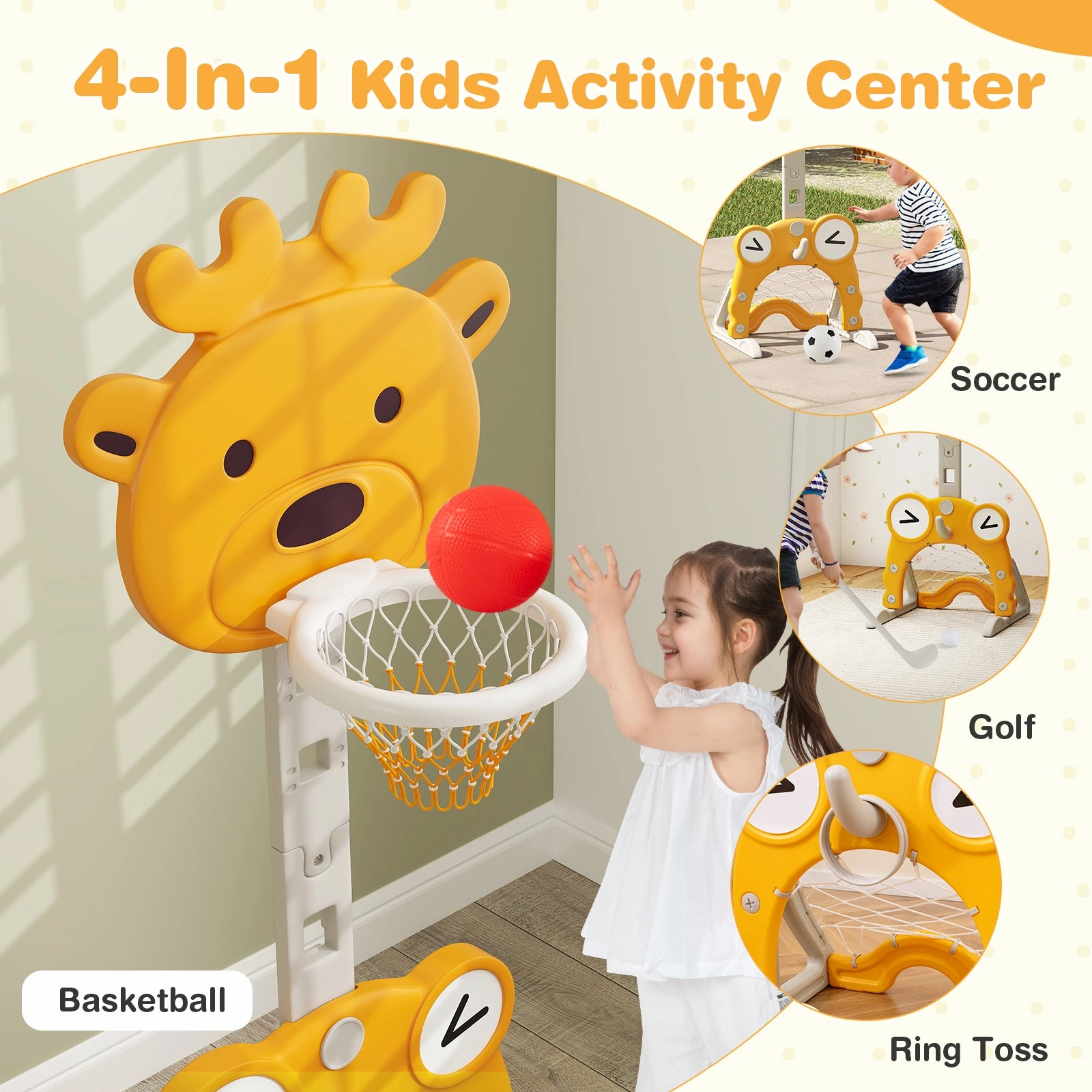 4-in-1 Toddler Height Adjustable Basketball Hoop with Ring Toss for 3  Kids