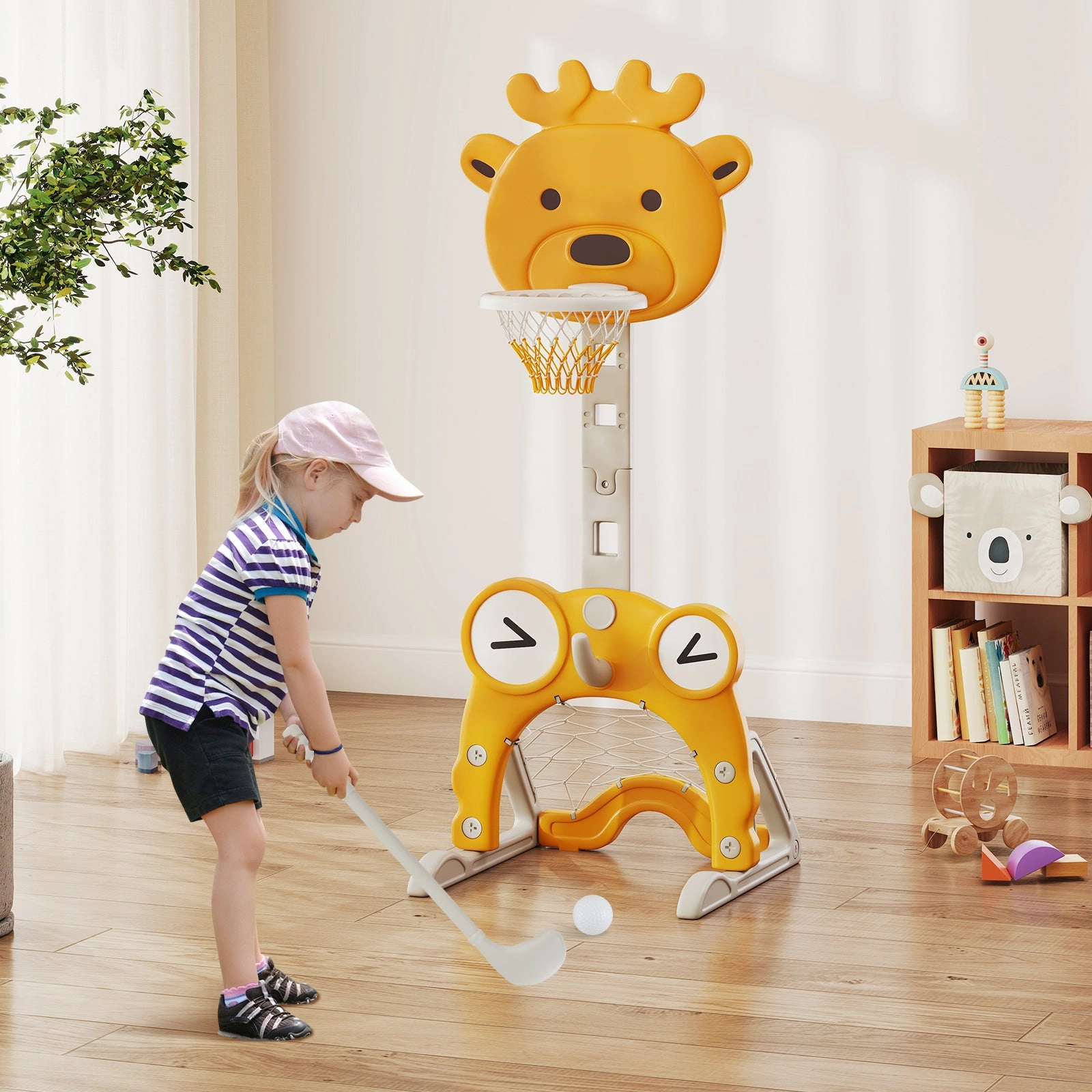 4-in-1 Toddler Height Adjustable Basketball Hoop with Ring Toss for 3  Kids