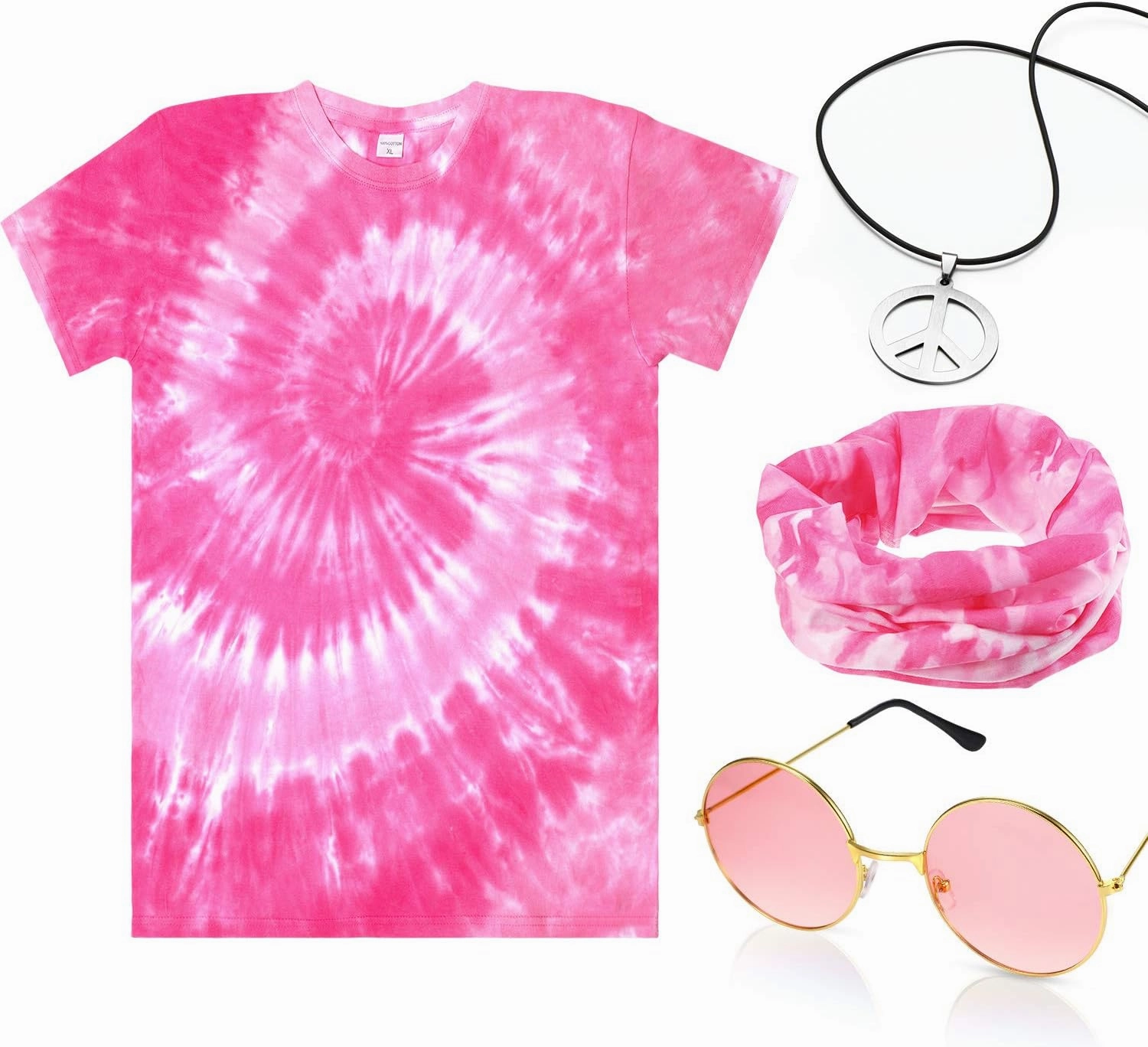 4 Pieces Hippie Costume Set, Include Colorful Tie-Dye T-Shirt, Peace Sign Necklace, Headband and Sunglasses for Theme Parties