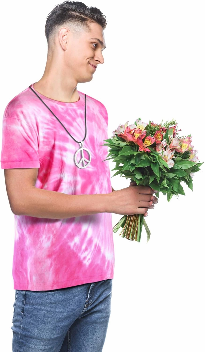 4 Pieces Hippie Costume Set, Include Colorful Tie-Dye T-Shirt, Peace Sign Necklace, Headband and Sunglasses for Theme Parties