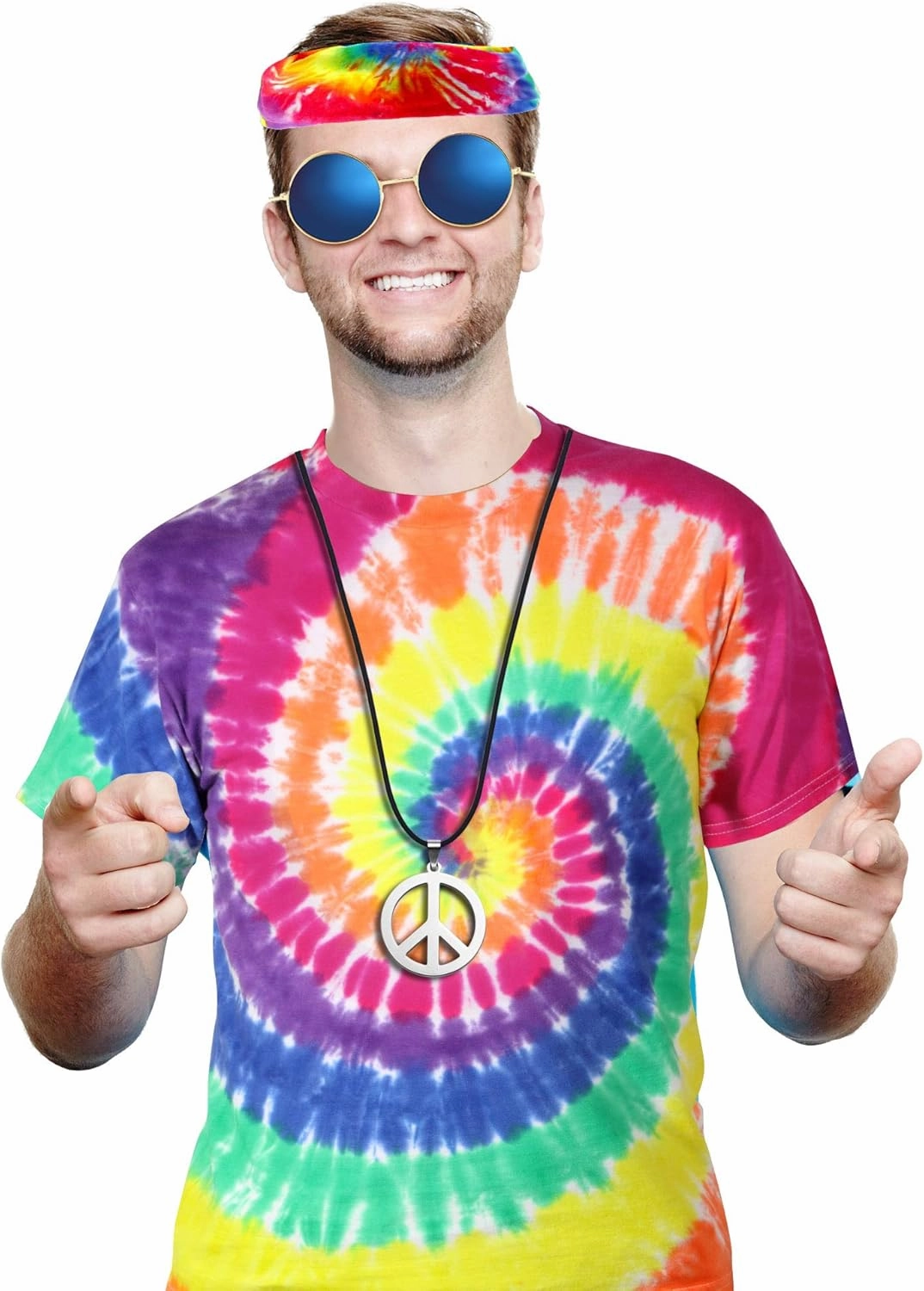 4 Pieces Hippie Costume Set, Include Colorful Tie-Dye T-Shirt, Peace Sign Necklace, Headband and Sunglasses for Theme Parties