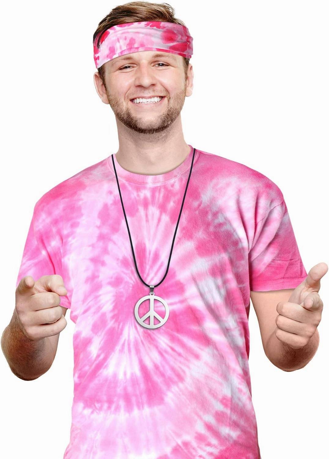 4 Pieces Hippie Costume Set, Include Colorful Tie-Dye T-Shirt, Peace Sign Necklace, Headband and Sunglasses for Theme Parties