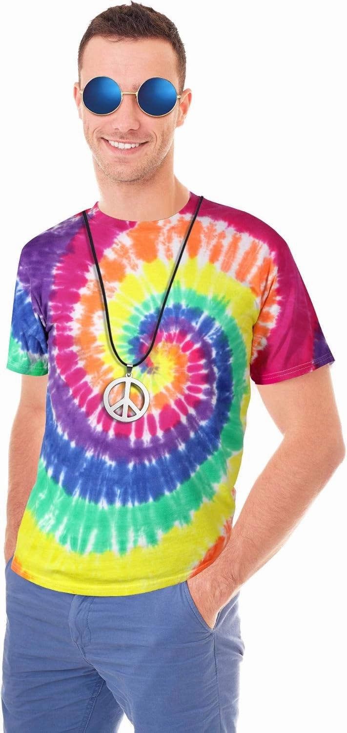 4 Pieces Hippie Costume Set, Include Colorful Tie-Dye T-Shirt, Peace Sign Necklace, Headband and Sunglasses for Theme Parties