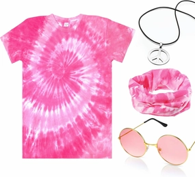 4 Pieces Hippie Costume Set, Include Colorful Tie-Dye T-Shirt, Peace Sign Necklace, Headband and Sunglasses for Theme Parties