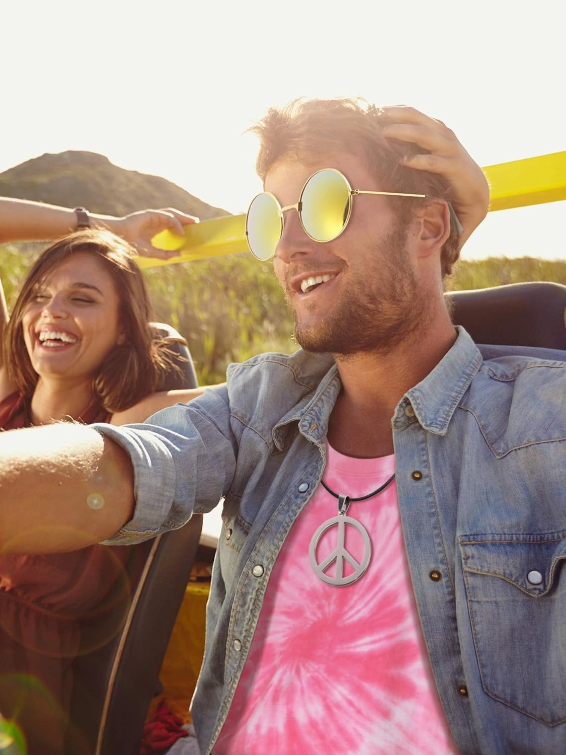4 Pieces Hippie Costume Set, Include Colorful Tie-Dye T-Shirt, Peace Sign Necklace, Headband and Sunglasses for Theme Parties