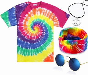 4 Pieces Hippie Costume Set, Include Colorful Tie-Dye T-Shirt, Peace Sign Necklace, Headband and Sunglasses for Theme Parties