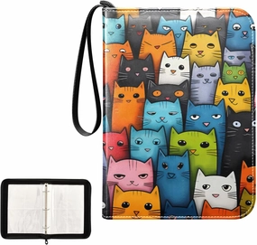 4 Pockets Trading Card Album Holder Book Folder Sports Card Binder Colorful Cat Vintage 400 Double Side Pockets for 3 Ring Binder Zipper