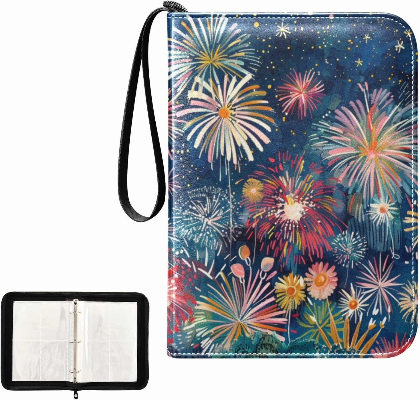 4 Pockets Trading Card Album Holder Book Folder Sports Card Binder Colorful Fireworks Stars 400 Double Side Pockets for 3 Ring Binder Zipper