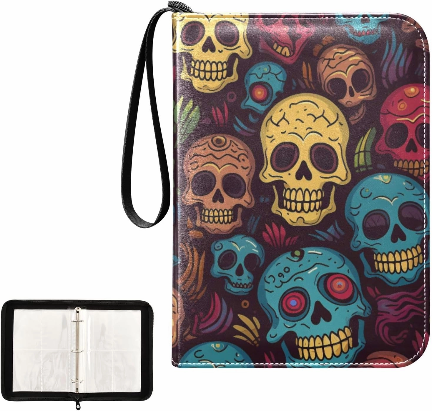 4 Pockets Trading Card Album Holder Book Folder Sports Card Binder Skull Colorful 400 Double Side Pockets for 3 Ring Binder Zipper